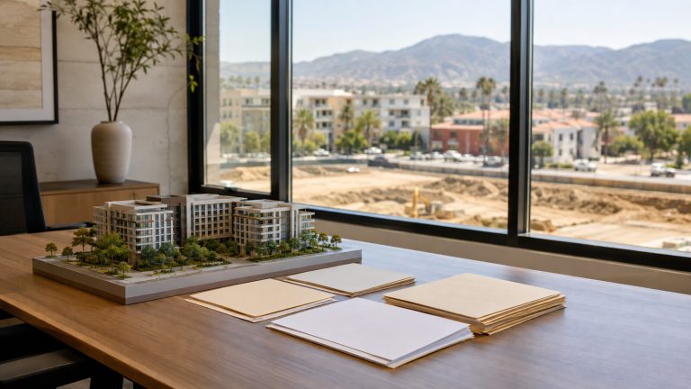 Architectural model and blank project review folders in a Southern California office
