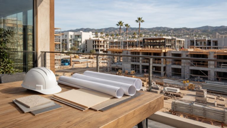 Blank project review materials overlooking a Southern California development site