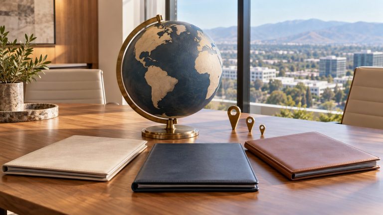 Three blank family portfolios beside an unlabeled globe for EB-5 chargeability planning